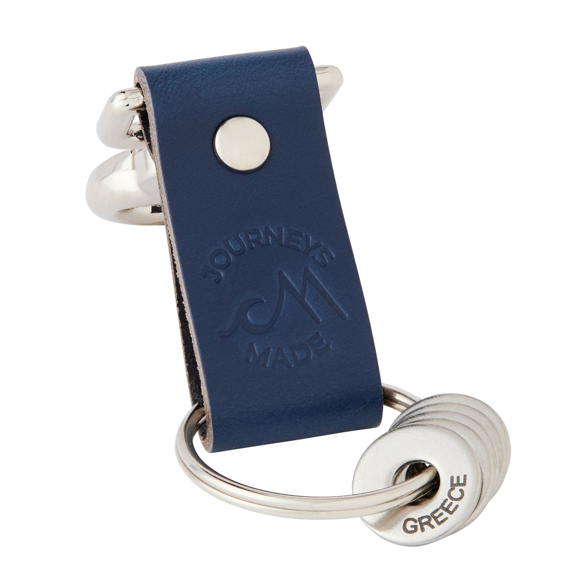 Ocean blue travel gift with leather travel keyring and engraved travel tokens on a white background