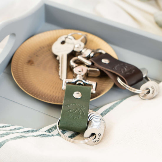 Stylish travel keyring set with leather accents, perfect travel gifts for adventurers.