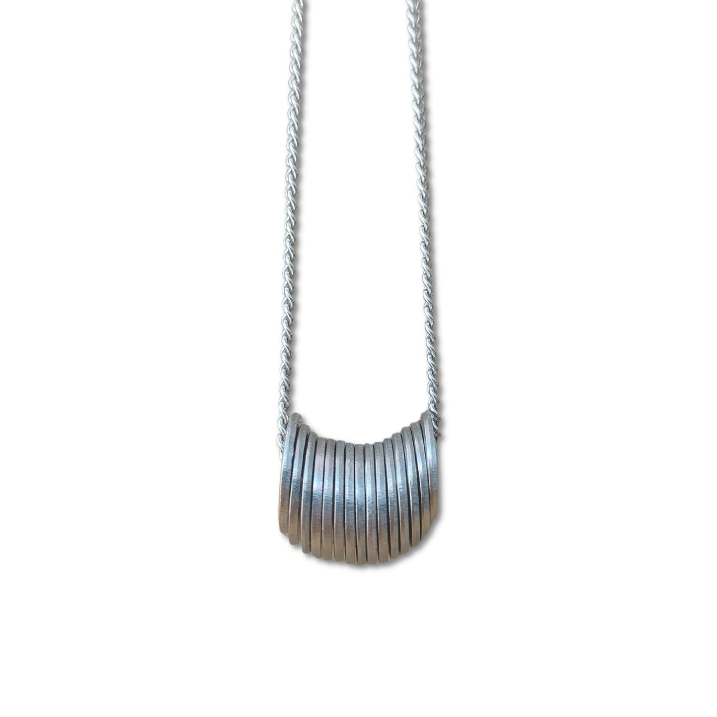 Stainless steel necklace with lobster clasp and Journeys Made jewellery tag, holds engraved travel tokens as a travel keepsake.