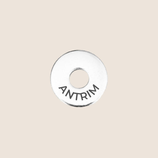 Engraved stainless steel token for each UK County visited, this token is engraved with Antrim.