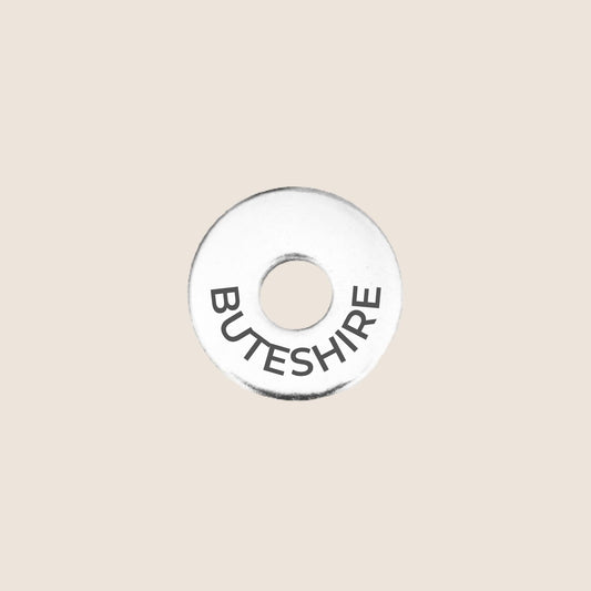 Engraved stainless steel token for each UK County visited, this token is engraved with Buteshire.