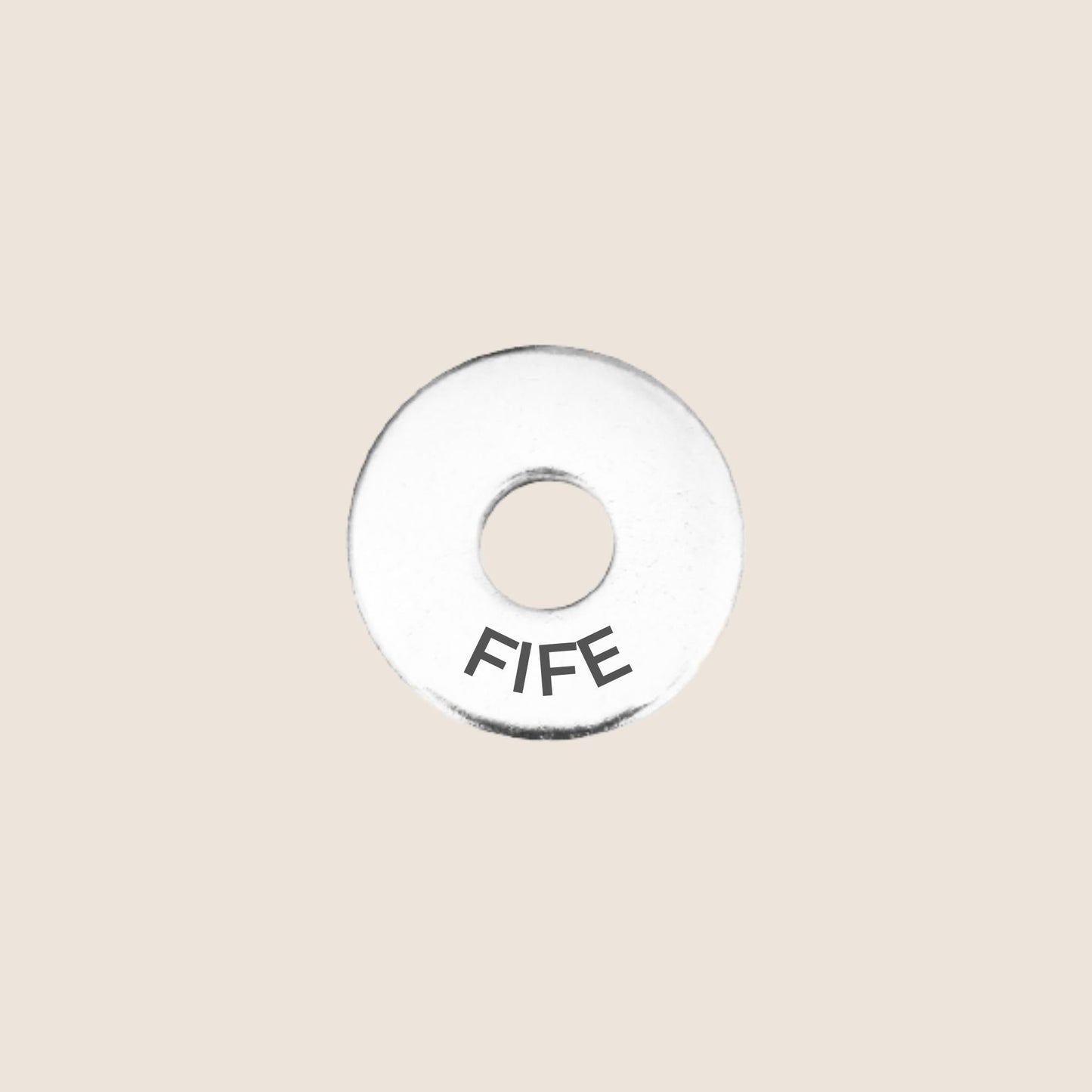 Engraved stainless steel token for each UK County visited, this token is engraved with Fife.