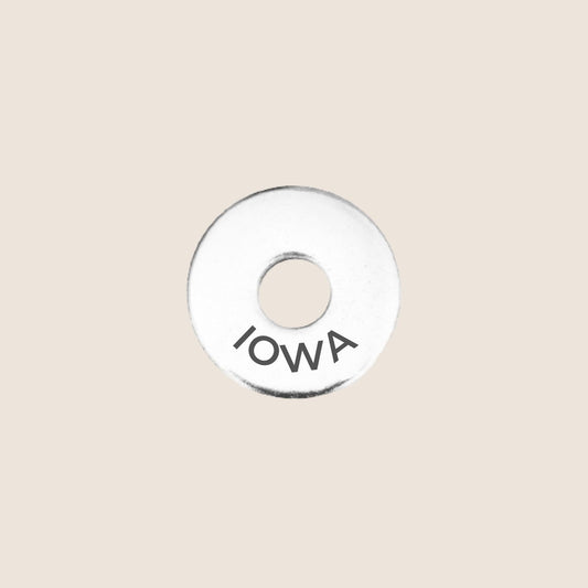 Engraved Iowa US State Token in stainless steel to add to your travel keepsake collection for your USA adventures.