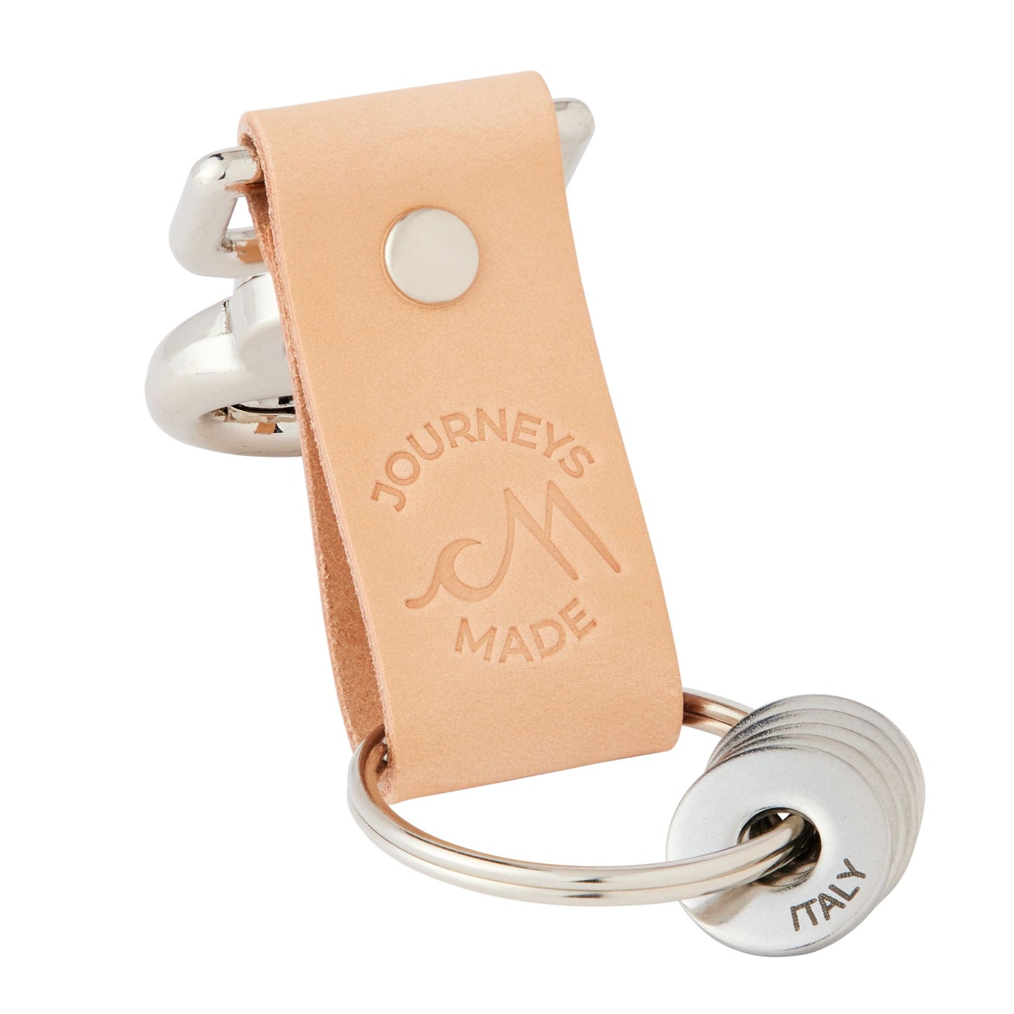 natural travel gift with leather travel keyring and engraved travel tokens on a white background