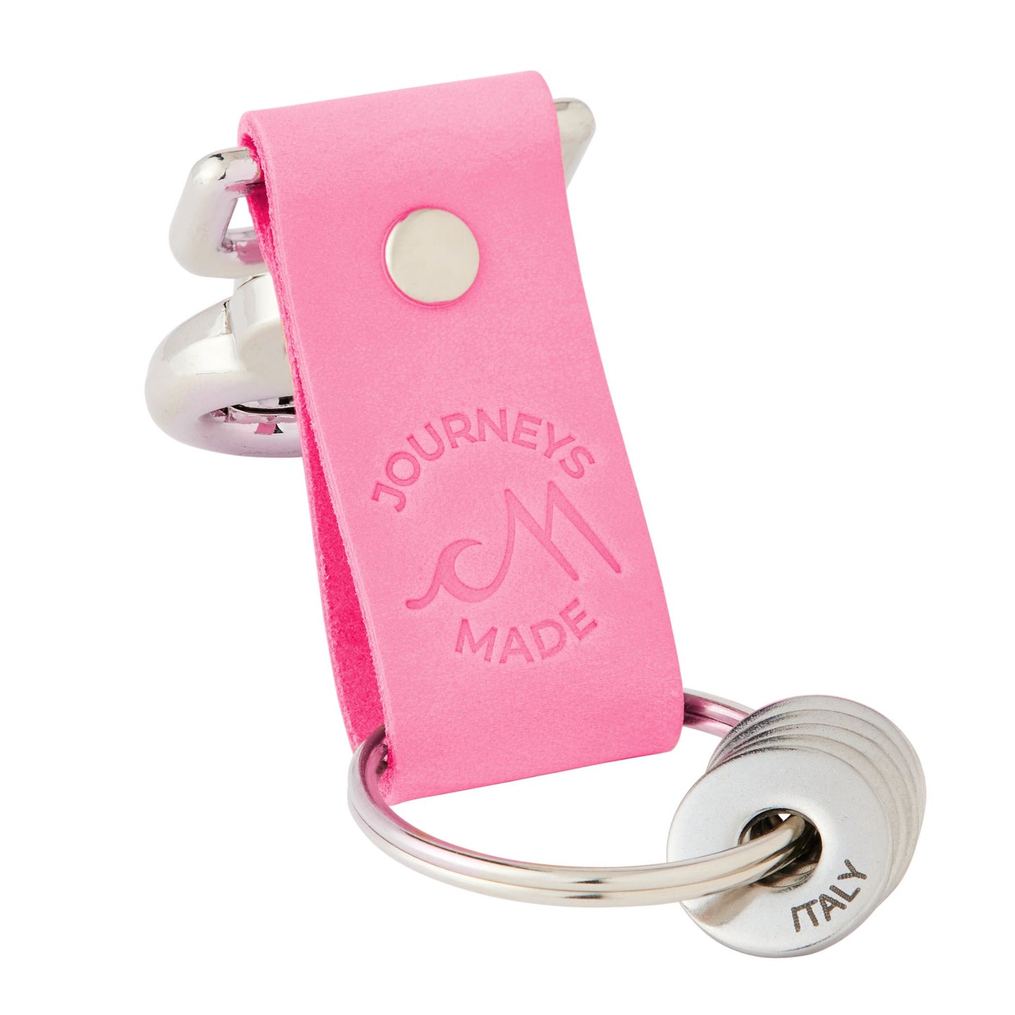 Pink travel gift with leather travel keyring and engraved travel tokens on a white background