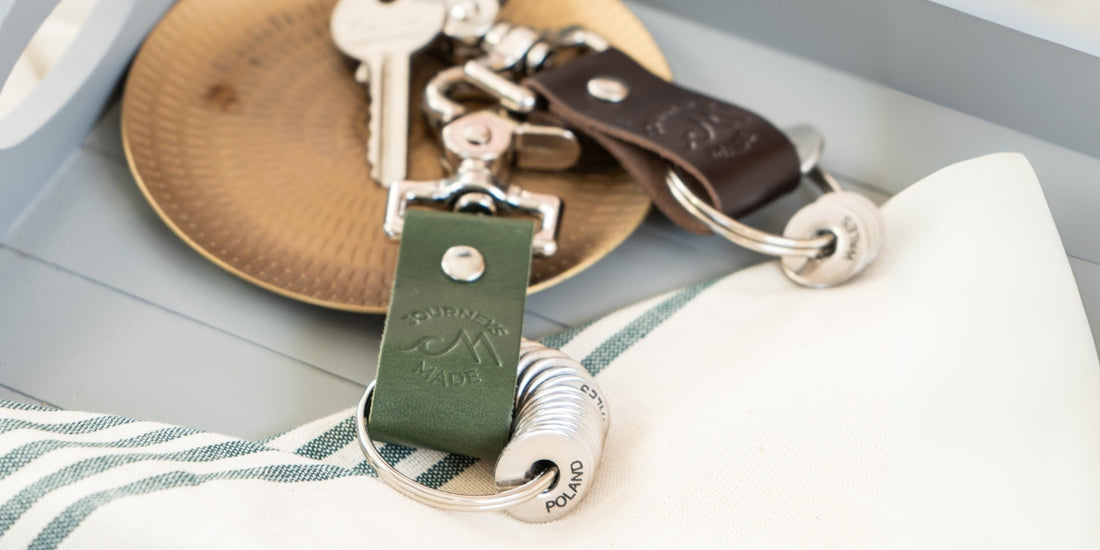 Journeys Made leather travel keyring in forest green and dark brown
